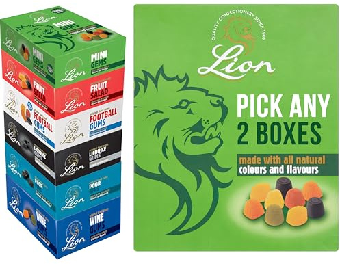 Lion 2kg Boxes Pick Any 2, You Choose the Ones You Want; Lion Mini Gems (Formerly Midget Gems), Football Gums, Licorice Gums, Wine Gums, Fruit Salad and Poor Bens