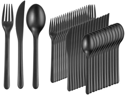 Supernal 180pcs Matte Black Reusable Plastic Utensils Silverware Set