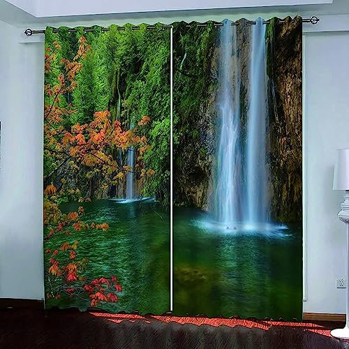 3D Blickdichte Gardinen Verdunkelungsvorhang Mit Ösen Grüner Dschungel-Wasserfall, 2Er Set, Wohnzimmer Gardinen Blickdicht Kinder Vorhänge Schlafzi