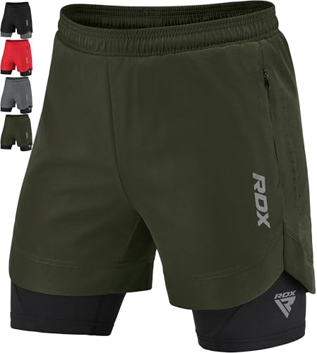 RDX Shorts De Course, Shorts De Sport Homme 2 Fermetures Eclair et 2 Poches pour Téléphone, Elastique Léger à Séchage Rapide pour Fitness Entraînement, Jogging, Natation, Vélo, Yoga