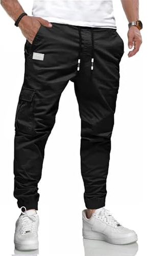 LIUPMWE Herren Hose Chino Cargo Hose Jogginghose Herren Baumwolle Casual Sweatpants Freizeithose Elastische Pants Taille mit Kordelzug Taschen,L,Schwarz-New
