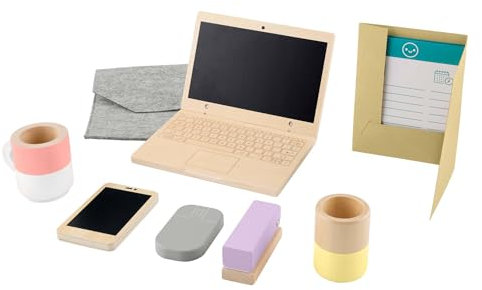 Fisher-Price Wood Pretend Play Work From Home Set, 9-Piece Office Playset with Wooden Toy Laptop & Phone for Preschool Kids Ages 3+ Years, HXV11