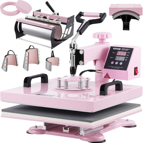 VEVOR Macchina per Trasferimento Termico 380 x 380 mm Macchina per Pressatura a Caldo 8 in 1 con Pressa a Tamburo 0,17 kg-0,85 kg Pressatura per Magliette Oscillante a 360° per Magliette/Piatti, Rosa