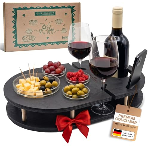 Couchbar Weinbar in schwarz mit 4 Glasschalen | Snackbar für Wein mit Getränkehalterung für Weingläser und Weinflasche | Sofabar für Snacks | Couch Tablett | Couchbar Snackbox