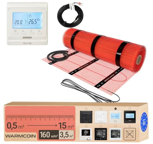 Warmcoin Tappetino riscaldante con termostato W51 – Riscaldamento elettrico a pavimento, autoadesivo, diverse misure, 160 W/m² bianco (3,5 m²)