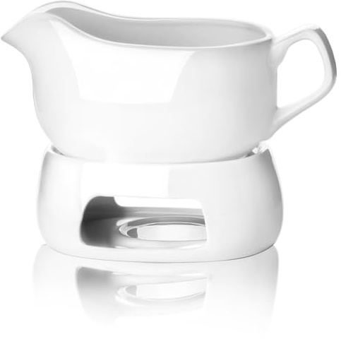 Nucookery Große Sauciere mit Stövchen, 590 ml, weiße Untertasse aus feinem Porzellan mit großem, tropffreiem Ausgießer, Saucenschüssel für Thanksgiving, warme Saucen, Salatdressings, mikrowellen- und