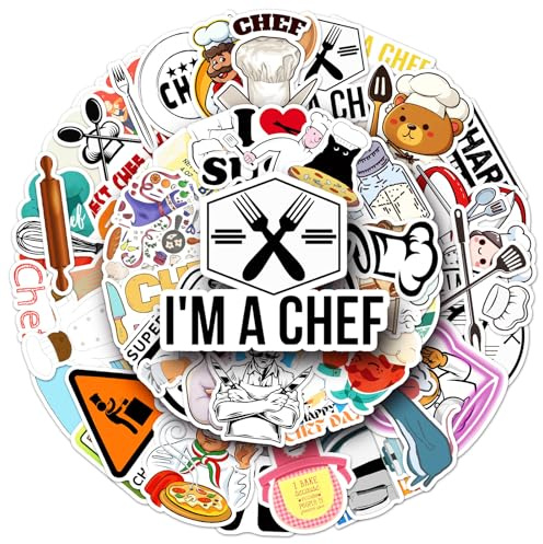 50Pcs Cook Stickers Laptop Car Scrapbook Phone Skateboard Suitcase Luggage Bike Chef Vinyl Waterproof Aesthetic Personalised Stickers for Teens Boys Girls Adults