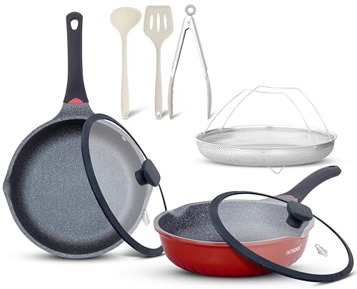 Ensemble 7-pièces poêles profondes céramique antiadhésive avec ustensiles & couvercles en verre – poêles 28/30 cm bords verseurs, empilables, écologique de luxe,compatible induction (Rouge, 28/30 CM)