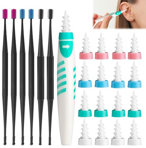 23pcs Ear Wax Removal Tool,Spiral Soft Silicone Ear Wax Removal Tool,with 16 pcs Soft Silicone Washable Tips,Reusable Earwax Kit,6 Pieces Dual-Head Ear Spoons,for Adults Kids