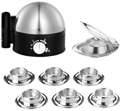 WMF Set 3-teilig Eierbecher Set 6 Stück, stapelbar und Gourmet Eierschneider Edelstahl poliert 15 x 11 cm und Stelio Eierkocher Edelstahl, 1 Ei - 7 Eier, 380 Watt, Härtegradeinstellung