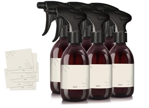 Oputec 6x 300ml Sprühflaschen aus braunem Kunststoff zum Befüllen mit ergonomischem Sprühkopf + Etiketten – Leere Wassersprühflasche für Pflanzen, Reinigungsmittel, Haarpflege und mehr