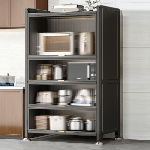 Freistehender Geräteschrank mit transparenten Türen, multifunktionale Aufbewahrung für Mikrowelle, Gewürze, Töpfe und Pfannen, 5 Ebenen, 60 cm (Farboptionen erhältlich)