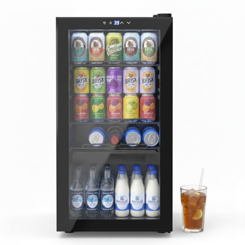 Dawmilon 3.2 Cu.Ft Mini Fridge, 120 Can Beverage Refrigerator with Glass Door, Adjustable Shelves & Temperature Control, Quiet Drink Cooler for Soda, Beer & Wine, Home Bar Office Bedroom