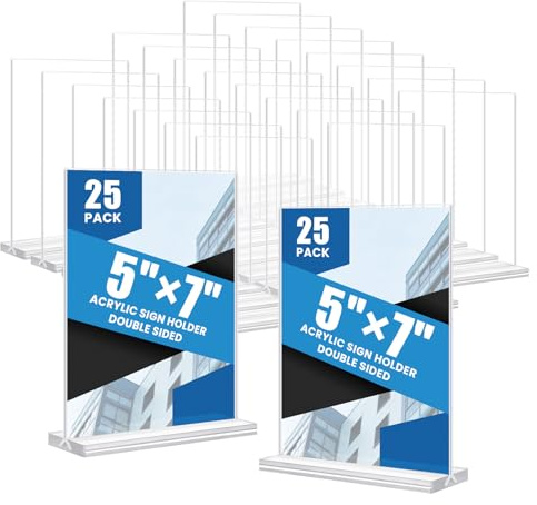 Acrylic Sign Holder 5x7, 25 Pack Clear Double Sided Table Menu Vertical Display, Plastic Flyer Display Stand, Paper photo Plastic Sign Frame Suitable for Restaurants Office Store Hotels, Show Fair