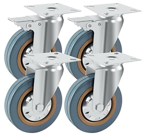 Wheel Set of 4 – 100mm Swivel Castor Wheels with Brakes Heavy Duty Rubber Castors for Trolley & Furniture – Load Capacity 600kg (Set of 4)