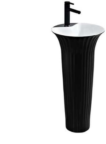 CAFIEDR Lavabo sur Colonne de Salle de Bain, lavabo sur Colonne Rond, lavabo Monobloc sur Pied, lavabo de Salle de Bain Moderne en céramique avec kit de vidange et Robinet Lavabo(Noir A)