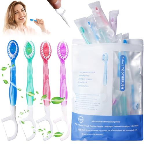 Behogan Lot de 26 mini brosses à dents de voyage, jetables, avec fil dentaire, 2 en 1, mini brosses à dents de voyage, pour les voyages, le camping, les voyages, les enfants, les adultes