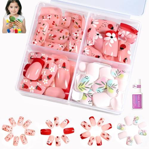 96Pcs Girls Press on Nails, Short Almond Fake Nails, Pink Floral Ladybug & Strawberry Design, Self-Adhesive Reusable ABS False Nails Kit