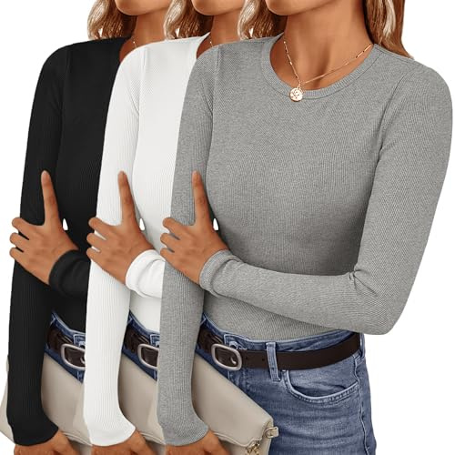 Ekouaer Langarmshirt Damen Rundhlas Basic Tops Unterhemd Layer Tee Warm Thermo Oberteil Slim Fit 3 Pack, S-XXL