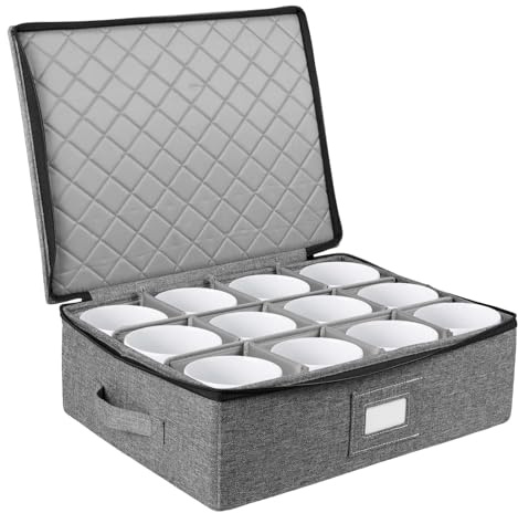 Mug and Cup Storage Box with Dividers Stackable China Storage Containers Holds 12 Glassware, Coffee Mugs & Tea Cups, Foldable Coffee Mug Organizer with Label and Handles for Moving & Organization