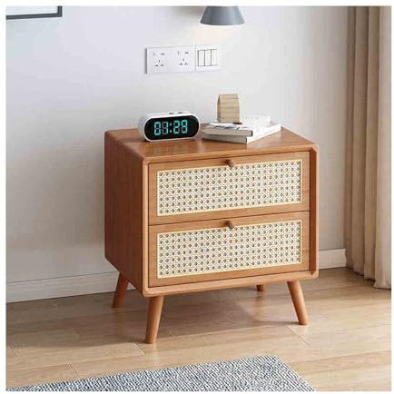 Comodino in legno di ciliegio, struttura robusta in legno massello con accento in rattan, spazioso contenitore 48 x 40 cm, mobile per camera da letto, elegante e ideale per la decorazione della casa