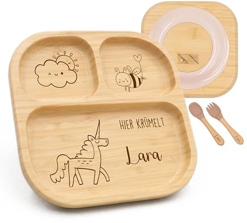 Kidsmood - Kinderteller mit Saugnapf inkl. Baby Besteck mit Namen – Teller für Kleinkinder, rutschfest – Beikost Baby Zubehör, personalisierte Geschenke zur Geburt, Taufgeschenke Jungen & Mädchen