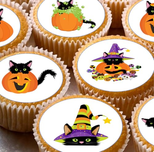 Halloween Pumpkin Pre-cut Edible Cupcake Toppers x 24 | Black Cat, Cake Decorations, Edible Wafer, Halloween Party, Pack of 24