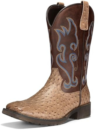 Cowboy Boots For Men Western Boots For Men Square Toe Ostrich Boots Exotic Skin, Men's Cowboy Boots Dress Trendy Slip Resistant Mid-Calf Embroidered Pull On Classic Boots, Botas Vaqueras Para Hombre