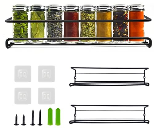 Zatix​bu 2 Stück Gewürzregal Wand, Metall gewürzregal schranktür mit Kleben & Schrauben, Gewürz Organizer Ohne Bohren, Küchenregal Hängend spice Rack für Gewürzdosen Schranktür (Schwarz)