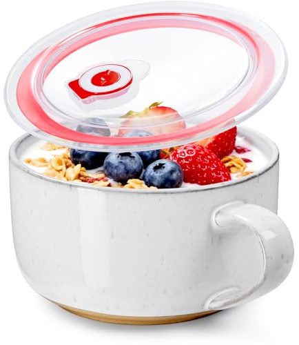 NUTRIUPS Large Ceramic Soup Bowls with Handles, 1000ml Microwave Soup Mug with Lid, Heavy Soup Cup & Container with Handles, for Cereal, Ramen, Noodle, Oatmeal (Farmhouse White with Lid)