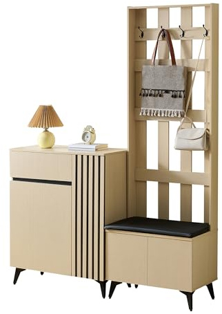phosir Garderobe mit Sitzbank und Spiegel, Flurgarderobe mit Schubladen und Sideboard, Garderobenschrank mit Schuhschrank, Flur Flur/Wohnzimmer/Schlafzimmer, 179.5x33x134.5 cm,