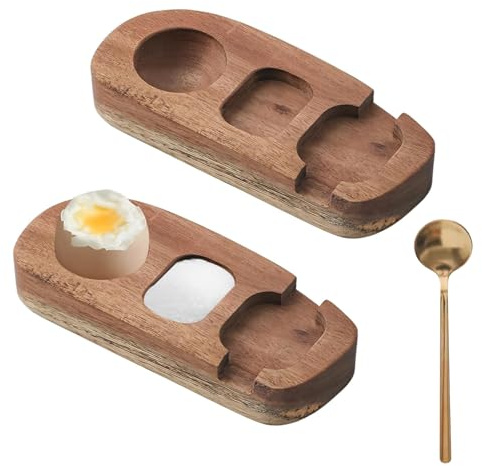 Eierbecher Holz 2er Set Ca. 15,3 x 6,5 x 2,3 cm, 3in1 Eier - Schalen- & Löffelhalter, Eierbecher Mit Löffel aus Rostfreiem Stahl, Nie Mehr Eierschalenreste auf Teller oder Tisch (Holzfarbe 1)