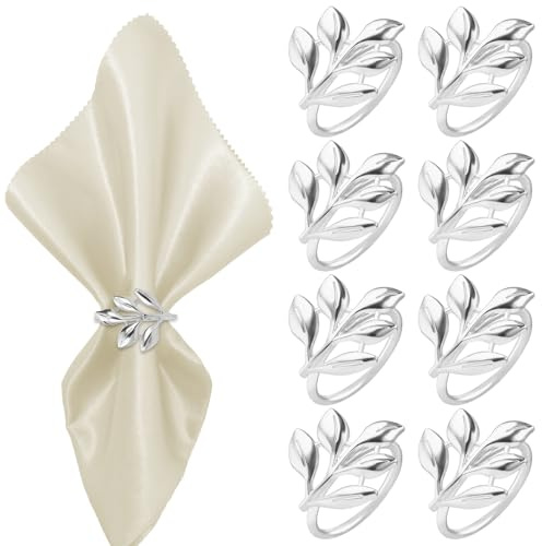 Lvjkes 8 Pezzi Portatovaglioli da Tavola, Forma Argento Porta Tovaglioli da Tavolo, Metallo Portatovaglioli, Per Banchetto di Nozze Festa di Anniversario Decorazione della (Foglie)