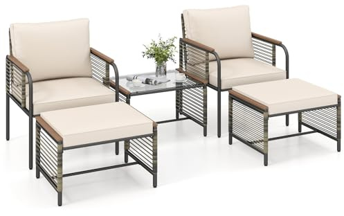 COSTWAY Rattan Gartenmöbel Set, Balkonmöbel, Balkonset inkl. 2 Stühle mit Kissen, Hocker & Tisch, Terrassenmöbel, Gartengarnitur, Sitzgruppe für Garten, Balkon, Terrasse (Beige)