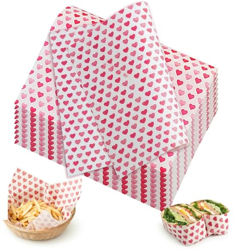 100 PCS Food Grade Paper Sheets, 25x21.5cm Greaseproof Sandwich Wrapping Paper, Waterproof Non-Stick Deli Wraps & Food Basket Liners for Burger, Baking, Picnic, Party (Heart Pattern)