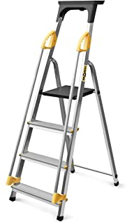 DRABEST SCALETTE SERIE PRO Scala Domestica in Alluminio a 4 Gradini con Corrimano 150kg Scaletta Multiuso Pieghevole - Scaletta in Alluminio 43x147x12cm