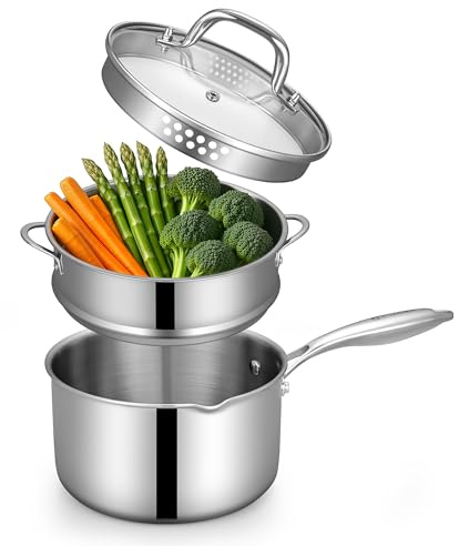 Tri-Ply Stainless Steel Sauce Pan with Steamer Basket & Strainer Glass Lid–Multi-Function Pot 3.5 QT- Modern Sleek Design–Safe,Chemical-Free& Stylish Cookware–Upgrade Your Kitchen with Healthy Cooking