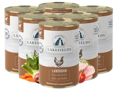Lakefields Premium Hundefutter Nass | Huhn 61% | 6 x 400g | Getreidefreies Nassfutter für Hunde | Natürliche Zutaten in Lebensmittelqualität | Karotten, Kartoffeln & Apfel | Schonend gegart