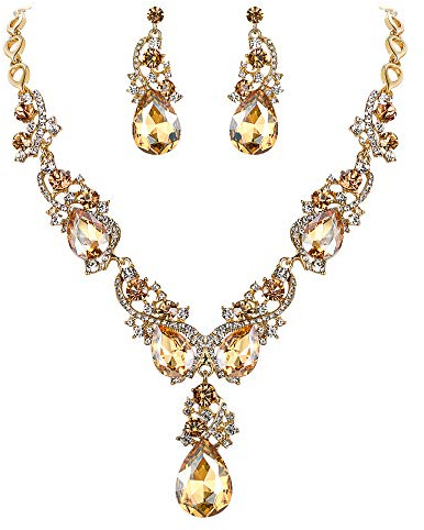 BriLove Wedding Bridal Jewelry Set for Women Multi Teardrop Cluster Crystal Statement Necklace Dangle Earrings for Party Accessories for Party Accessories Champagne Gold-Toned