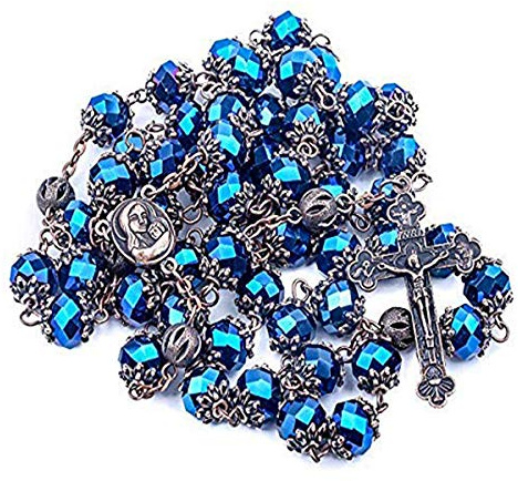 Nazareth Store Rosenkranz-Halskette mit tiefblauen Kristallperlen, Heiliger Boden, Medaille und Kreuz, antikes Design