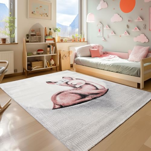 SIMPEX KinderTeppich, Rehkitz Design, Rosa, 160 x 230 cm, Teppich für Kinder