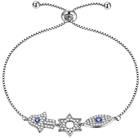 Aurora Tears DB0110W-T Bracelet main de Fatma plaqué argent bleu mauvais œil avec breloque étoile de David à six points pour femme, Eine Grösse, Métal, Zircone cubique