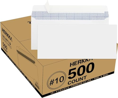 HERKKA #10 Security Self-Seal Envelopes, No.10 Windowless Bussiness Envelopes, Security Tinted with Printer Friendly Design - Size 4-1/8 x 9-1/2 Inch - White - 24 LB - 500 Pack
