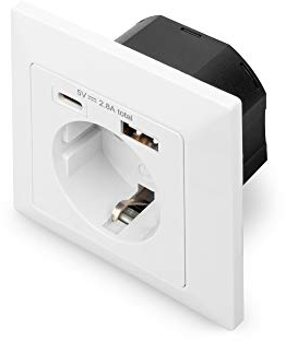 DIGITUS DA-70615 - Presa da incasso con caricatore USB - 1 pezzo - 1x USB-A fino a 2,8 A / 1x USB-C fino a 2,8 A - Profondità di montaggio 32 mm - Compatibile con il design - Bianco puro RAL 9003