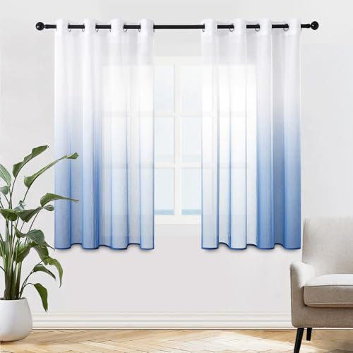 MRTREES Voile Gardinen Farbverlauf Leinenoptik Transparent Vorhang Kurz Tüllvorhang mit Ösen in Königsblau Weiß Verlauf 160×140cm (H×B) Modern für Kinderzimmer Wohnzimmer Schlafzimmer 2er