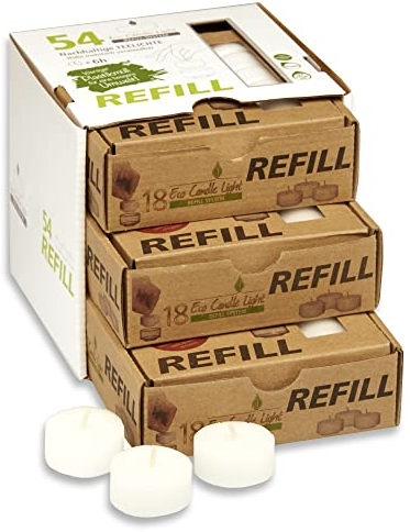 Candelo - Juego de 54 velas ecológicas de recambio para velas de té sin funda para rellenar, color blanco, sin plástico, sin fragancia, 6 horas de combustión