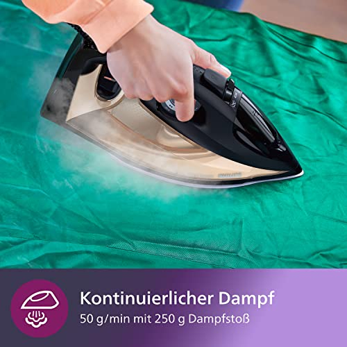 Philips Azur Serie 7000 Ferro da stiro a vapore - 2800 W, Vapore Continuo 50g/min, Colpo vapore da 250 g, vapore verticale, piastra SteamGlide Elite, Nero/Oro (DST7040/80)