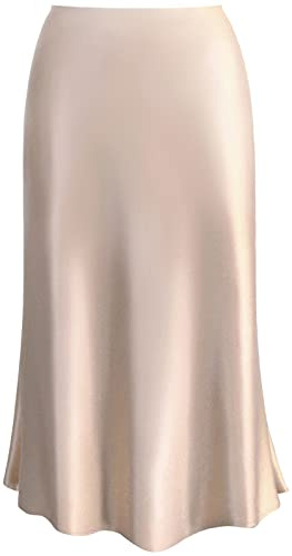 Raincol Womens Skirts Midi Long Length Silk Satin High Waist Elastic Casual Ladies Trendy Summer Skirt Beige L
