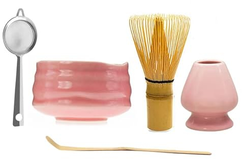 VITAU Cuenco de Matcha Rosa Brillante de cerámica Japonesa, batidor de té Matcha, Soporte Chawan Chasen, Taza tamizadora, Juego de Regalo