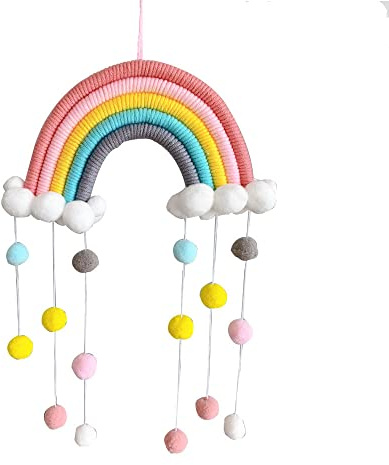SYSUII Makramee Regenbogen Wandbehang Wandteppich Handgewebte Wolken Tapisserie mit Pompon Anhänger Im Nordischen Stil für Schlafzimmer,Wohnzimmer,Kinderzimmer,Flur,Schlafsaal Wanddeko für Babyzimmer